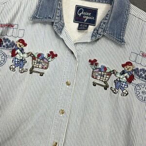Vtg Denim‎ Teddy Embroidered Sz Large Button Up Shirt Top Flower Chambray Cotton